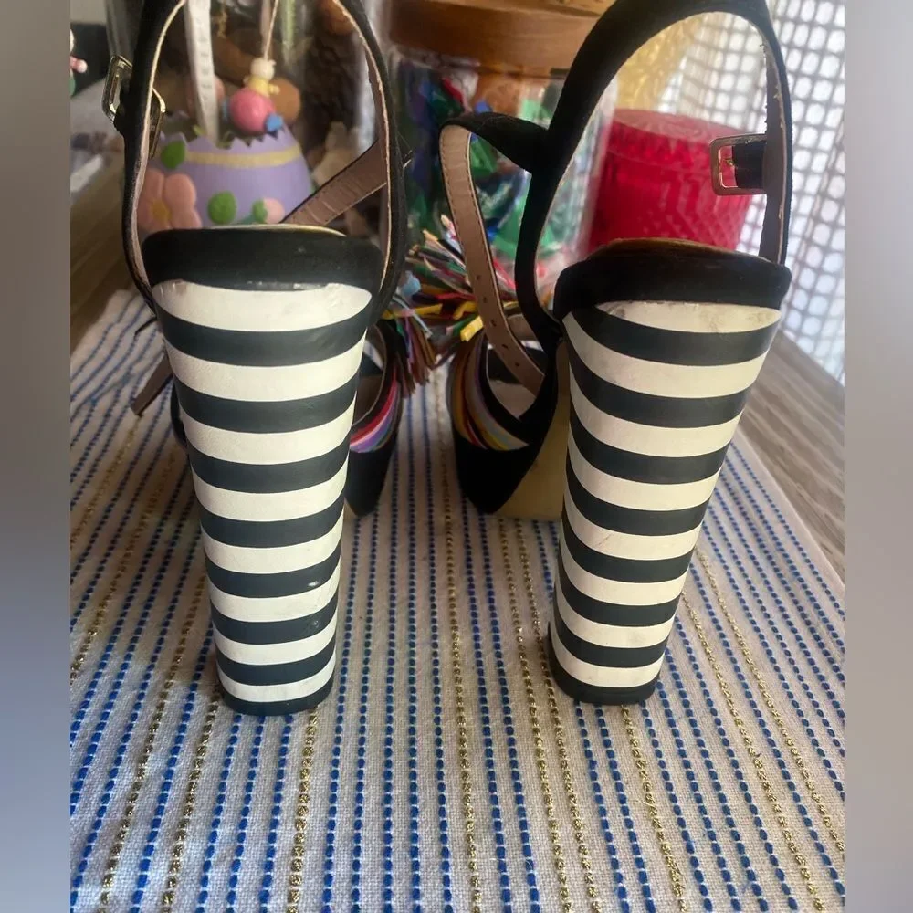 BETSEY JOHNSON 1970s Style Striped Pom Pom Platform Heels size 5.5